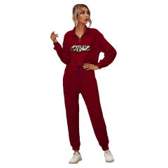 Wine Red Zipper Up Leopard Detail Sweatshirt with Pant Set TQK710222-103
