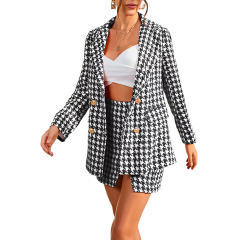 Black Plaid Print Blazer and Button Split Skirt Set TQF711046-2