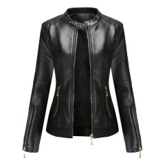 Black Stand Collar Zipper Detail PU Leather Jacket TQK280094-2