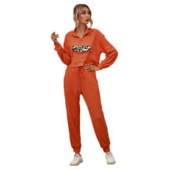Orange Zipper Up Leopard Detail Sweatshirt with Pant Set TQK710222-14