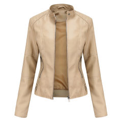 Apricot Slim Fit Stand Collar PU Motorcycle Jacket TQK280091-18