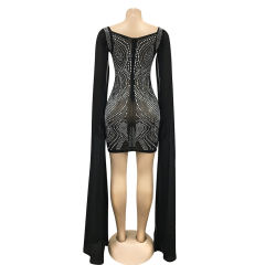 Black Mesh Rhinestone Cape Style long Sleeve Dress TQK310774-2