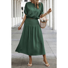 Dark Green Pleated Crop Top with Skirt Set TQX711094-36