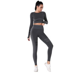 Black Seamless Knit Long Sleeve Pant Yoga Set TQE91372-2