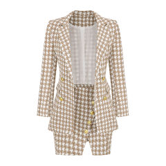 Khaki Plaid Print Blazer and Button Split Skirt Set TQF711046-21