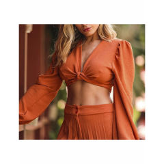 Orange Long Sleeve Crop Shirt and Casual Pant Set TQF711037-14