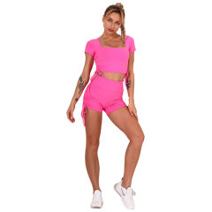 Rosy Sides Drawstring Short Sleeve Yoga Short Set TQK710241-6