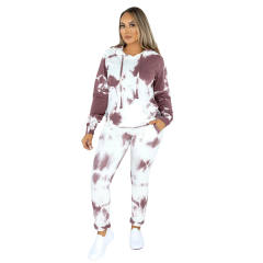 Coffee Tie Dye Print Hoodies with Pant Set TQK710224-15