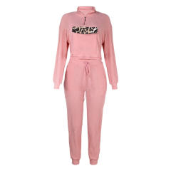 Pink Zipper Up Leopard Detail Sweatshirt with Pant Set TQK710222-10