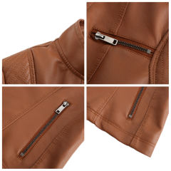 Camel Zipper Pockets Long Sleeve PU Leather Jacket TQK280093-58