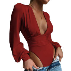 Wine Red Deep V Neck Pleated Long Sleeve Bodysuit TQK550214-103
