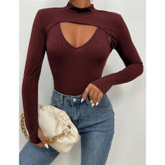 Burgundy Mock Neck Cut-out Ribbed Long Sleeve Bodysuit TQV220133-23