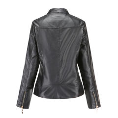 Black Classic Style Stand Collar PU Leather Jacket TQK280092-2