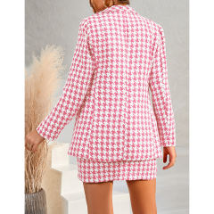 Pink Plaid Print Blazer and Button Split Skirt Set TQF711046-10