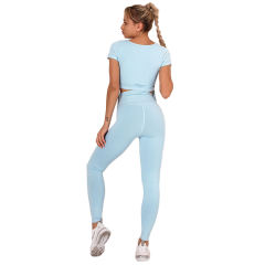 Light Blue Sides Drawstring Short Sleeve Yoga Pant Set TQK710243-30