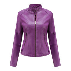 Purple Slim Fit Stand Collar PU Motorcycle Jacket TQK280091-8