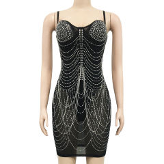 Black Padded Rhinestone Studded Mesh Sling Bodycon Dress TQK311158-2