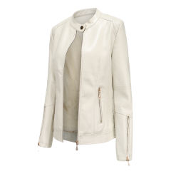 Beige Stand Collar Zipper Detail PU Leather Jacket TQK280094-46