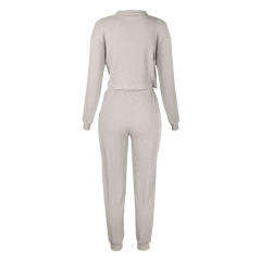 Light Gray Zipper Up Leopard Detail Sweatshirt with Pant Set TQK710222-25
