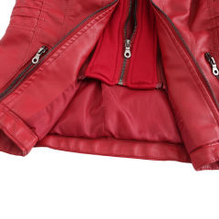 Red Removable Hooded Washed PU Leather Jacket TQK280096-3