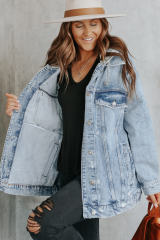 Sky Blue Button Closure Ripped Hooded Denim Jacket LC788143-4