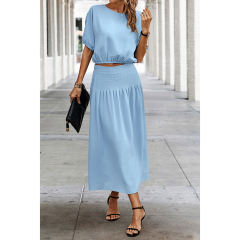 Light Blue Pleated Crop Top with Skirt Set TQX711094-30
