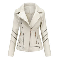 Beige Turn Down Slim Fit PU Leather Jacket TQK280095-46