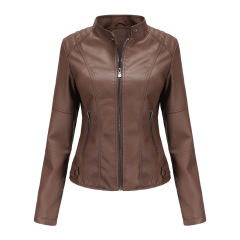 Coffee Slim Fit Stand Collar PU Motorcycle Jacket TQK280091-15