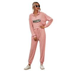 Pink Zipper Up Leopard Detail Sweatshirt with Pant Set TQK710222-10
