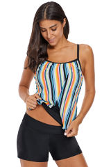 Rainbow Striped Split Overlay Tankini Swim Top