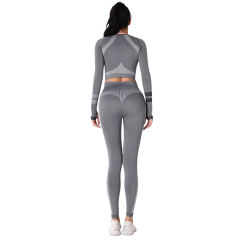 Dark Gray Seamless Knit Long Sleeve Pant Yoga Set TQE91372-26
