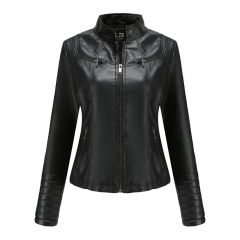 Black Zipper Pockets Long Sleeve PU Leather Jacket TQK280093-2