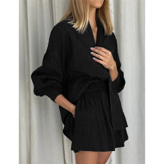 Black Hollow-out Jacquard Long Sleeve Shirt with Shorts Set TQF711040-2