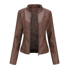 Coffee Slim Fit Stand Collar PU Motorcycle Jacket TQK280091-15