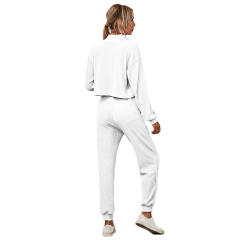 White Zipper Up Leopard Detail Sweatshirt with Pant Set TQK710222-1