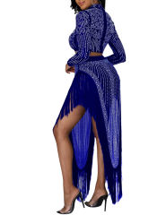 Blue Rhinestone Long Sleeve Crop Tops and Tassels Skirt Set TQV810016-5