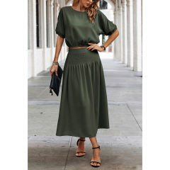 Army Green Pleated Crop Top with Skirt Set TQX711094-27