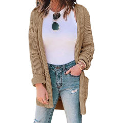 Khaki Waffle Knit Cardigan with Pockets TQK271081-21