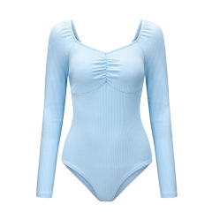 Light Blue Pleated V Neck Long Sleeve Bodysuit TQK550215-30