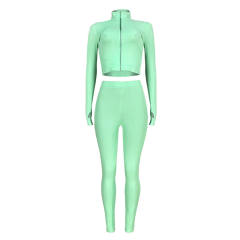 Light Green Cotton Blend Zipper Datail Long Sleeve Top with Pant Set TQK710132-28