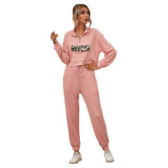 Pink Zipper Up Leopard Detail Sweatshirt with Pant Set TQK710222-10