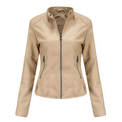 Apricot Slim Fit Stand Collar PU Motorcycle Jacket TQK280091-18