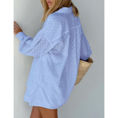 Blue Hollow-out Jacquard Long Sleeve Shirt with Shorts Set TQF711040-5
