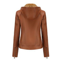 Camel Fleece Lined Plus Size PU Leather Jacket TQK280097-58