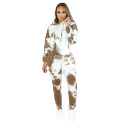 Brown Tie Dye Print Hoodies with Pant Set TQK710224-17