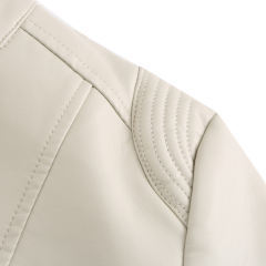 Beige Stand Collar Zipper Detail PU Leather Jacket TQK280094-46