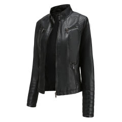 Black Zipper Pockets Long Sleeve PU Leather Jacket TQK280093-2