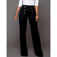 Black Button Detail Casual Flare Pants TQV510097-2