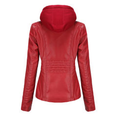 Red Removable Hooded Washed PU Leather Jacket TQK280096-3