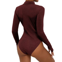 Burgundy Mock Neck Cut-out Ribbed Long Sleeve Bodysuit TQV220133-23